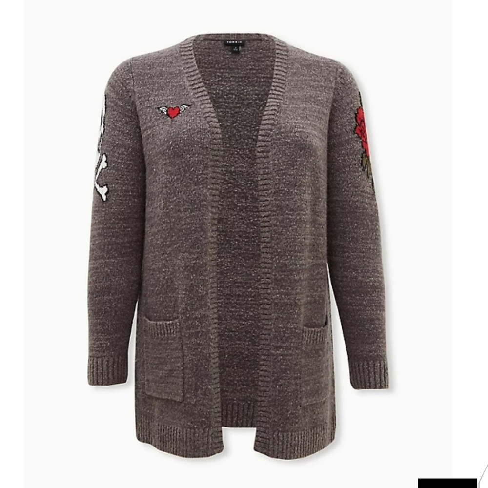 🆕 2X GREY SKULL & ROSE OPEN FRONT CARDIGAN